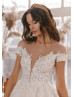 Short Sleeves Ivory Lace Tulle V Back Glitter Wedding Dress